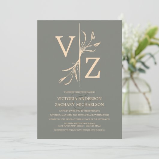 Boho Minimal Sage Green Leaf Monogram Wedding Einladung (Stehend Vorderseite)
