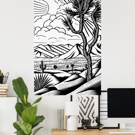 Boho Minimal Schwarz und Weiß Landschaft Poster (Heimbüro)