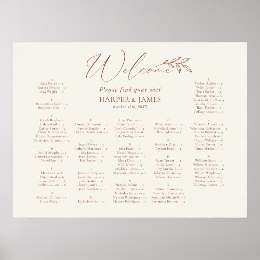 Boho Minimal Wedding Alphabetitical Seating Chart Poster (Vorne)
