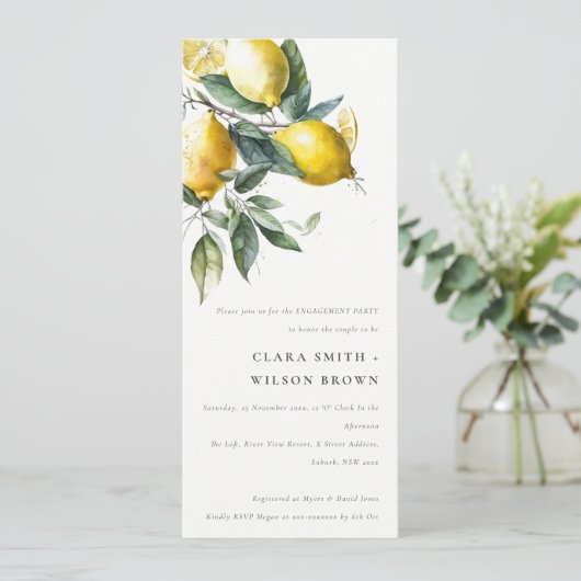 Boho Minimal Yellow Lemon Garden Verlobung Einladung (Stehend Vorderseite)
