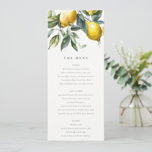 Boho Minimal Yellow Lemon Garden Wedding Menu Card Einladung (Stehend Vorderseite)