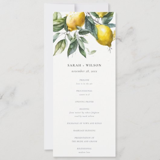 Boho Minimal Yellow Lemon Garden Wedding Program Einladung (Vorderseite)