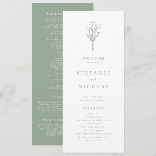 Boho-Minimalist Botanicals Salbei-Grün Hochzeit Programm (Vorne/Hinten)