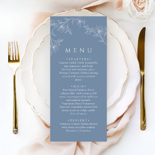Boho Minimalist Dusty Blue Wedding Dinner Menükarte