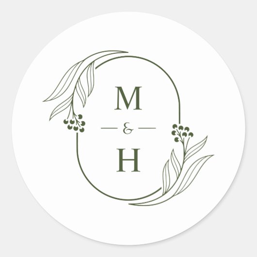 Boho Minimalist Monogram  Olive Green Wedding  Runder Aufkleber (Vorderseite)