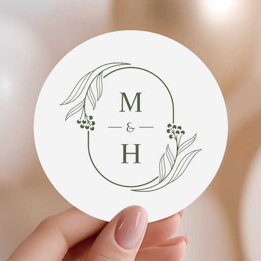 Boho-Minimalist-Monogramm Oliven Grün Hochzeit  Runder Aufkleber