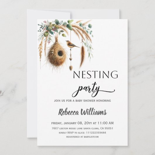 Boho Minimalist Nesting Party Bird Baby Shower Einladung (Vorderseite)