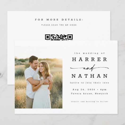 Boho Minimalist QR Code Photo Wedding Einladung (Vorne/Hinten)