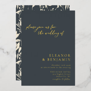 Boho-Minimalist schwarze Blumen-Kunst-Hochzeit Gol Folieneinladung