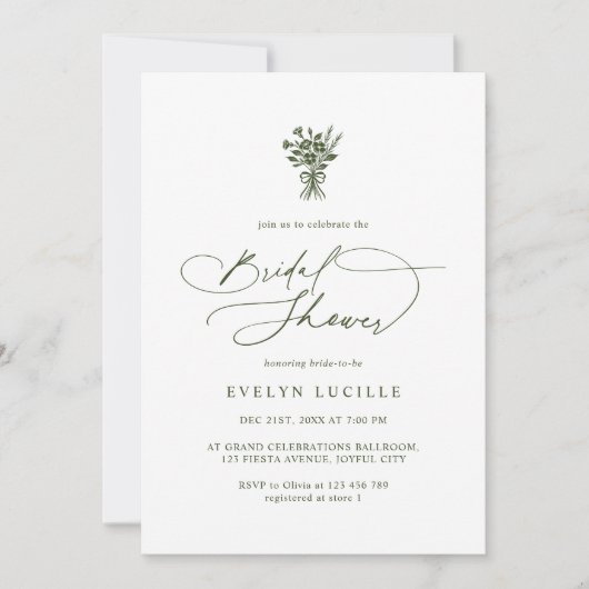 Boho Minimalist Script Olive Green Bridal Shower Einladung (Vorderseite)