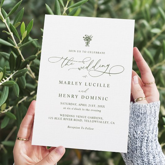 Boho Minimalist Script Olive Green Wedding Einladung
