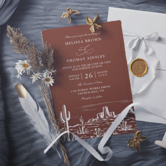 Boho Minimalist Terracotta Western QR Code Wedding Einladung
