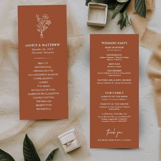 Boho-Minimalist Terrakotta-Hochzeitsprogramm