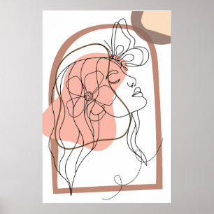 Boho Minimalistic Line Art, Frau mit Blume Poster