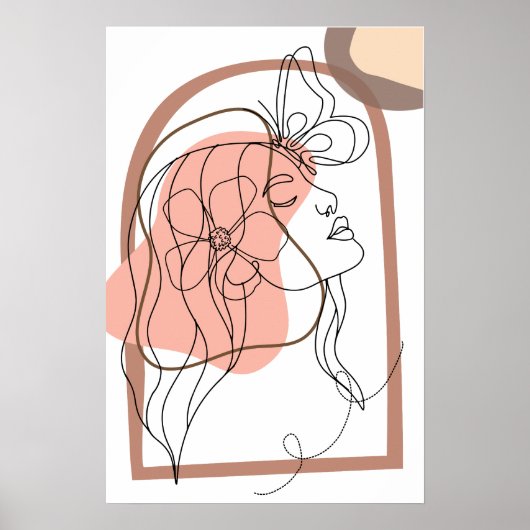 Boho Minimalistic Line Art, Frau mit Blume Poster (Vorne)
