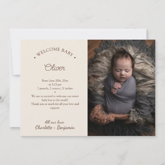 Boho Minimalistisch Beige Zwei-Foto-Geburt Ankündigung (Rückseite)