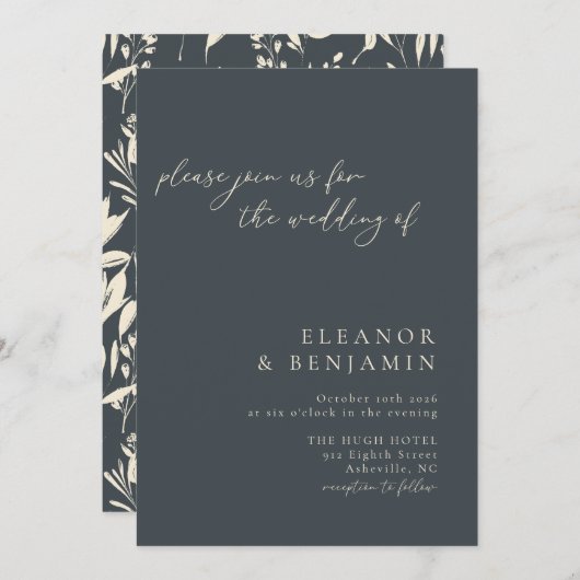 Boho Minimalistisch Black Hand Drawn Floral Weddin Einladung (Vorne/Hinten)