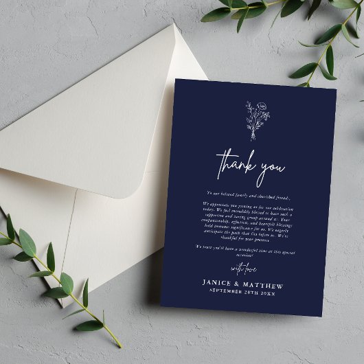 Boho Minimalistisch Botanicals Navy Blue Hochzeit  Dankeskarte