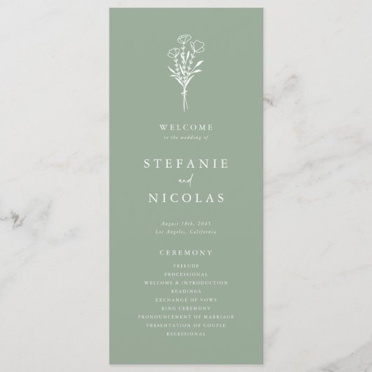 Boho Minimalistisch Botanicals Sage Green Wedding Programm (Vorderseite)