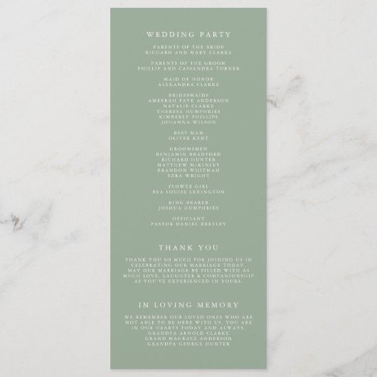 Boho Minimalistisch Botanicals Sage Green Wedding Programm (Rückseite)