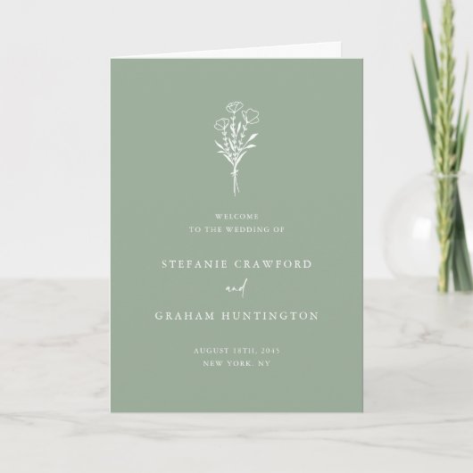 Boho Minimalistisch Botanicals Sage Green Wedding Programm (Vorderseite)