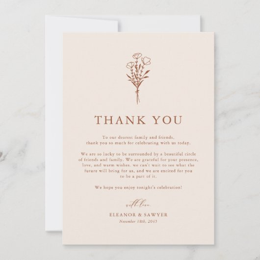 Boho Minimalistisch Botanicals Terracotta Hochzeit Dankeskarte (Vorderseite)