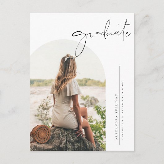 Boho Minimalistisch Calligraphy Arch Foto Abschlus Ankündigungspostkarte (Vorderseite)