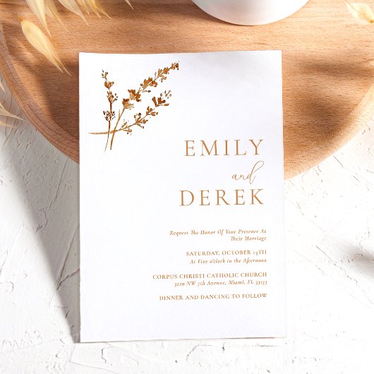 Boho Minimalistisch Fall Orange Floral Wedding Einladung