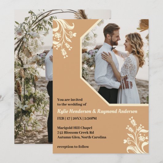 Boho Minimalistisch Floral Buff Wedding Einladung (Vorne/Hinten)