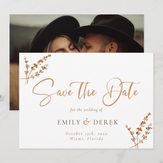 Boho Minimalistisch Foto Burnt Orange Floral Weddi Einladung (Vorne/Hinten)