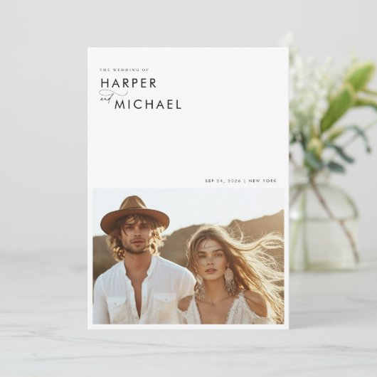 Boho Minimalistisch Foto Wedding Einladung (Stehend Vorderseite)