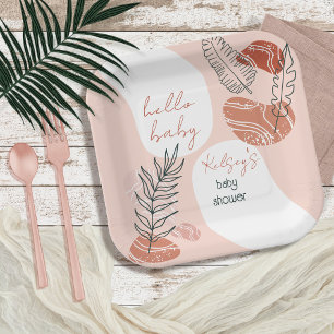 Boho Minimalistisch Hello Baby Dusche Blush Pappteller