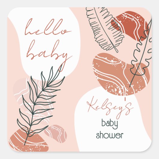 Boho Minimalistisch Hello Baby Dusche Blush Quadratischer Aufkleber (Vorderseite)