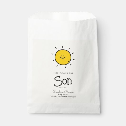 Boho Minimalistisch hier kommt die Kinderdusche Geschenktütchen (Vorderseite)