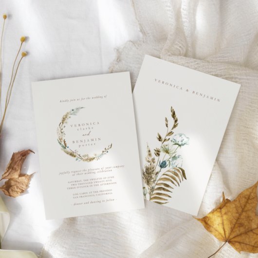 Boho Minimalistisch Mute Blue & Dried Grass Weddin Einladung