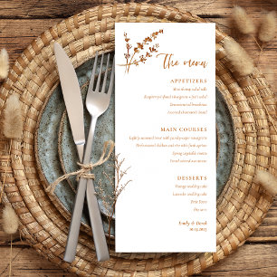 Boho Minimalistisch Orange Floral Wedding Menu Menükarte