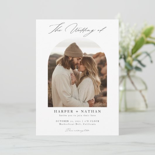 Boho Minimalistisch QR Code Foto Wedding Einladung (Stehend Vorderseite)