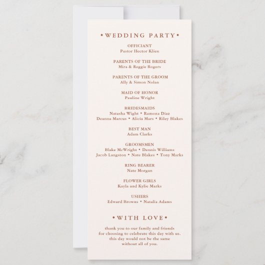 Boho Minimalistisch Terracotta Wedding Program (Rückseite)