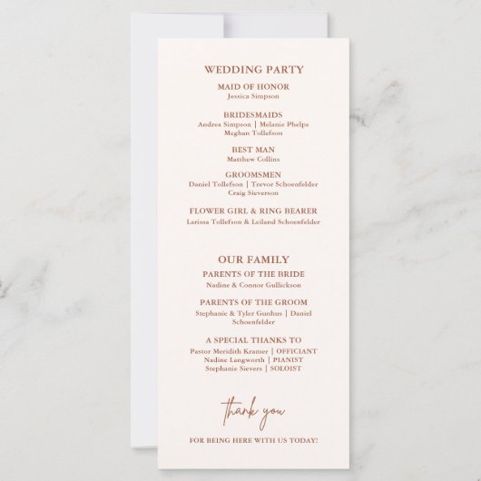 Boho Minimalistisch Terracotta Wedding Program (Rückseite)