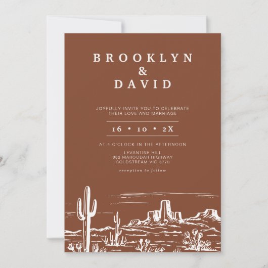 Boho Minimalistisch Terracotta Western Wüste Weddi Einladung (Vorderseite)