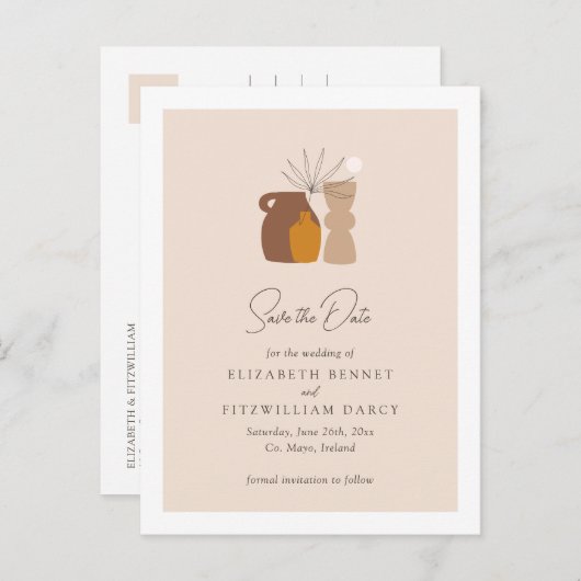 Boho Minimalistisch Vases Save the Date Ankündigungspostkarte (Vorne/Hinten)