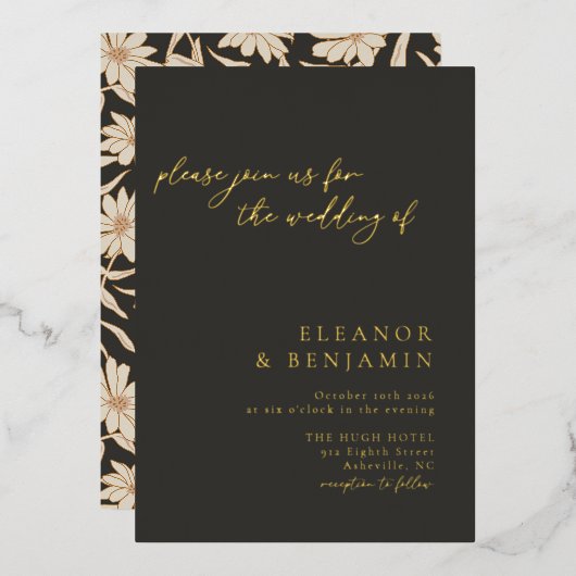 Boho Minimalistische botanische Black Ivory Weddin Folieneinladung (Vorderseite/Rückseite)