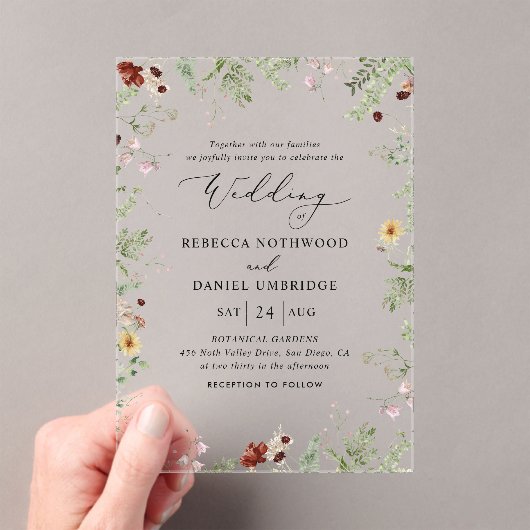 Boho Minimalistische Wildblume Wedding Acryleinladungen (Insitu (Handheld))