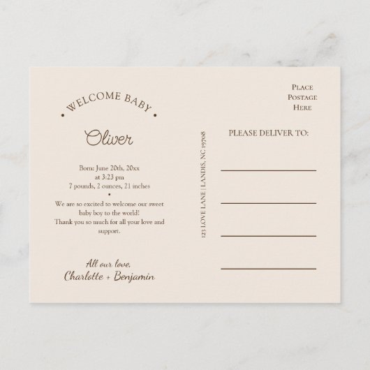 Boho Minimalistisches Foto Geburtsankündigung Post Ankündigungspostkarte (Rückseite)