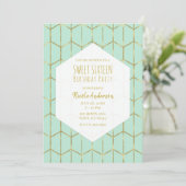 Boho Mint Green Hexagon Gold Geometric Sweet 16 in Einladung (Stehend Vorderseite)