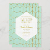 Boho Mint Green Hexagon Gold Geometric Sweet 16 in Einladung (Vorne/Hinten)