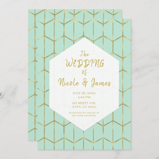 Boho Mint Green Hexagon Gold Geometric Wedding Einladung (Vorne/Hinten)