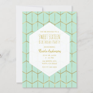 Boho Mintgrün Sechseck Gold Geometrisch Sweet 16 I Einladung
