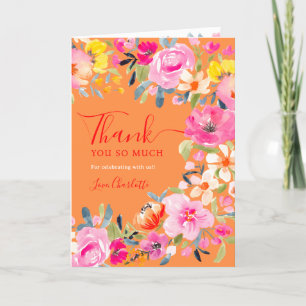 Boho-mische Blumenaquarell-Brautparty in Orange Dankeskarte