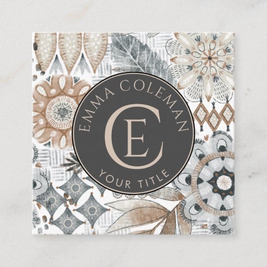 Boho Mit Monogramm Floral Leaf Business Card Quadratische Visitenkarte (Vorderseite)